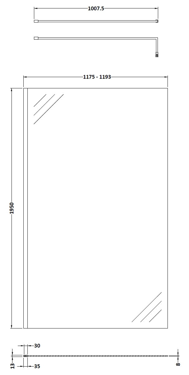 Hudson Reed 1200mm Wetroom Screen With Black Support Bar