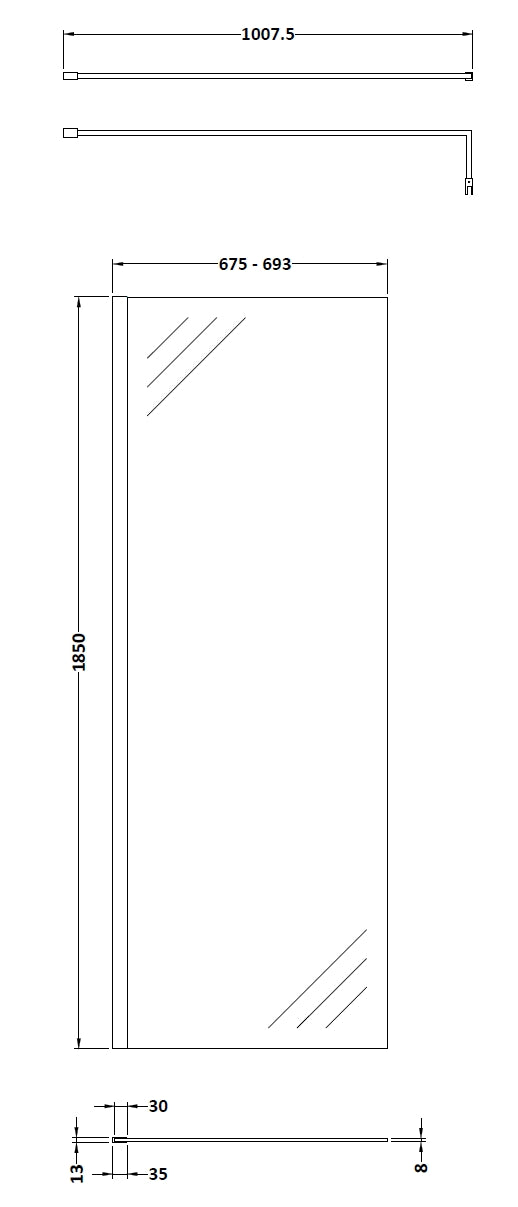 NUIE 700mm Wetroom Screen With Support Bar