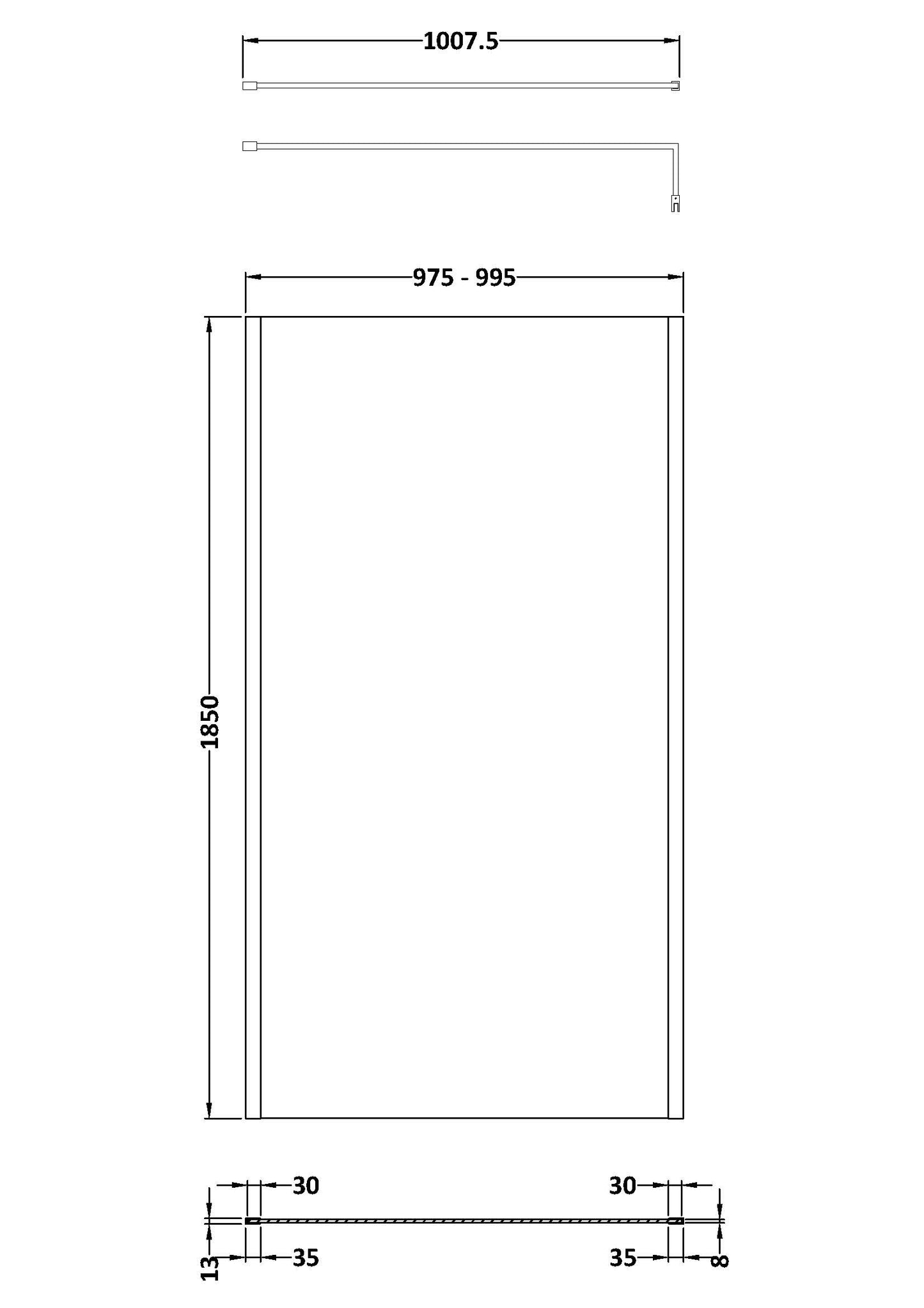 NUIE 1000mm Outer Framed Wetroom Screen with Support Bar