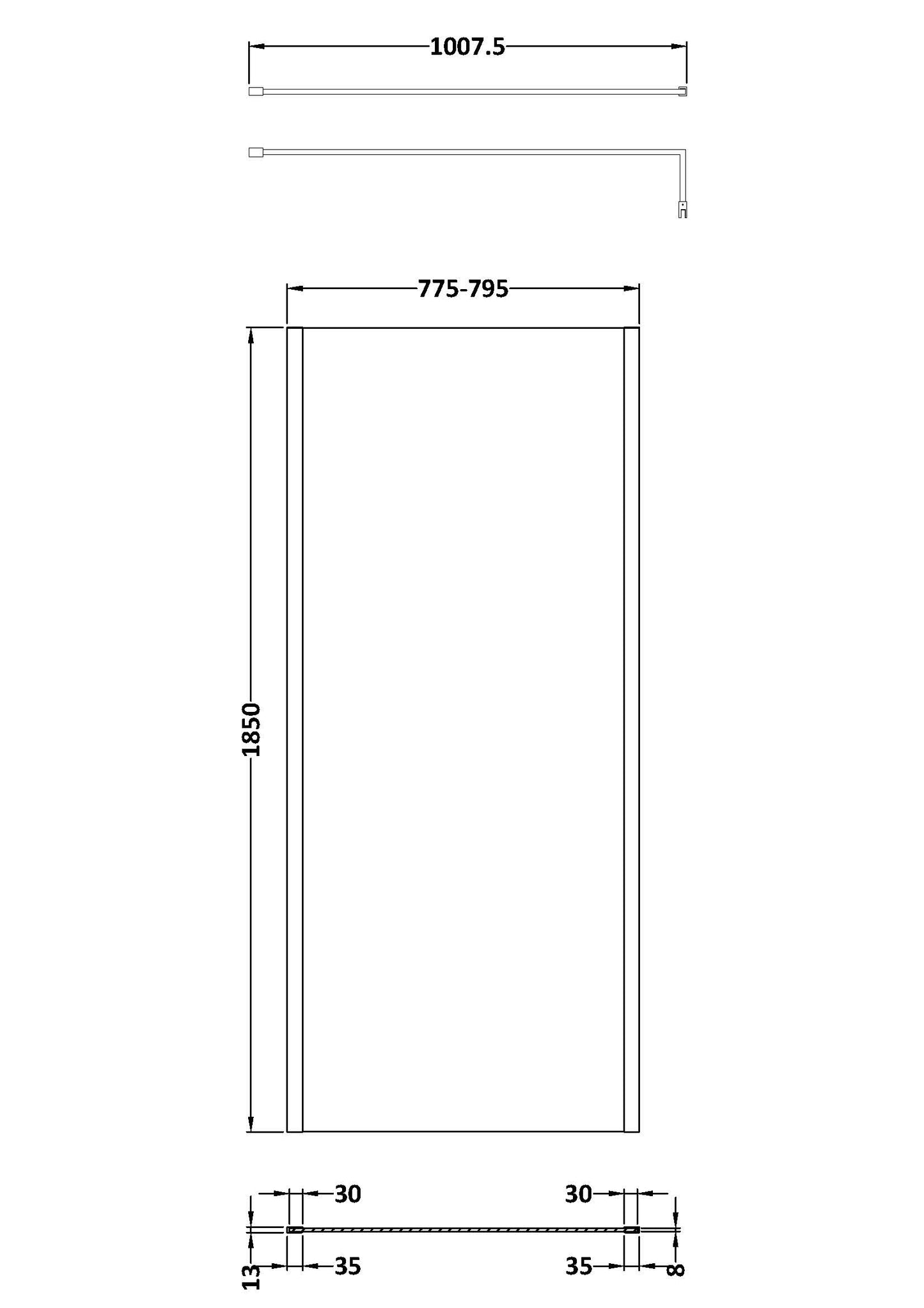 NUIE 800mm Outer Framed Wetroom Screen with Support Bar