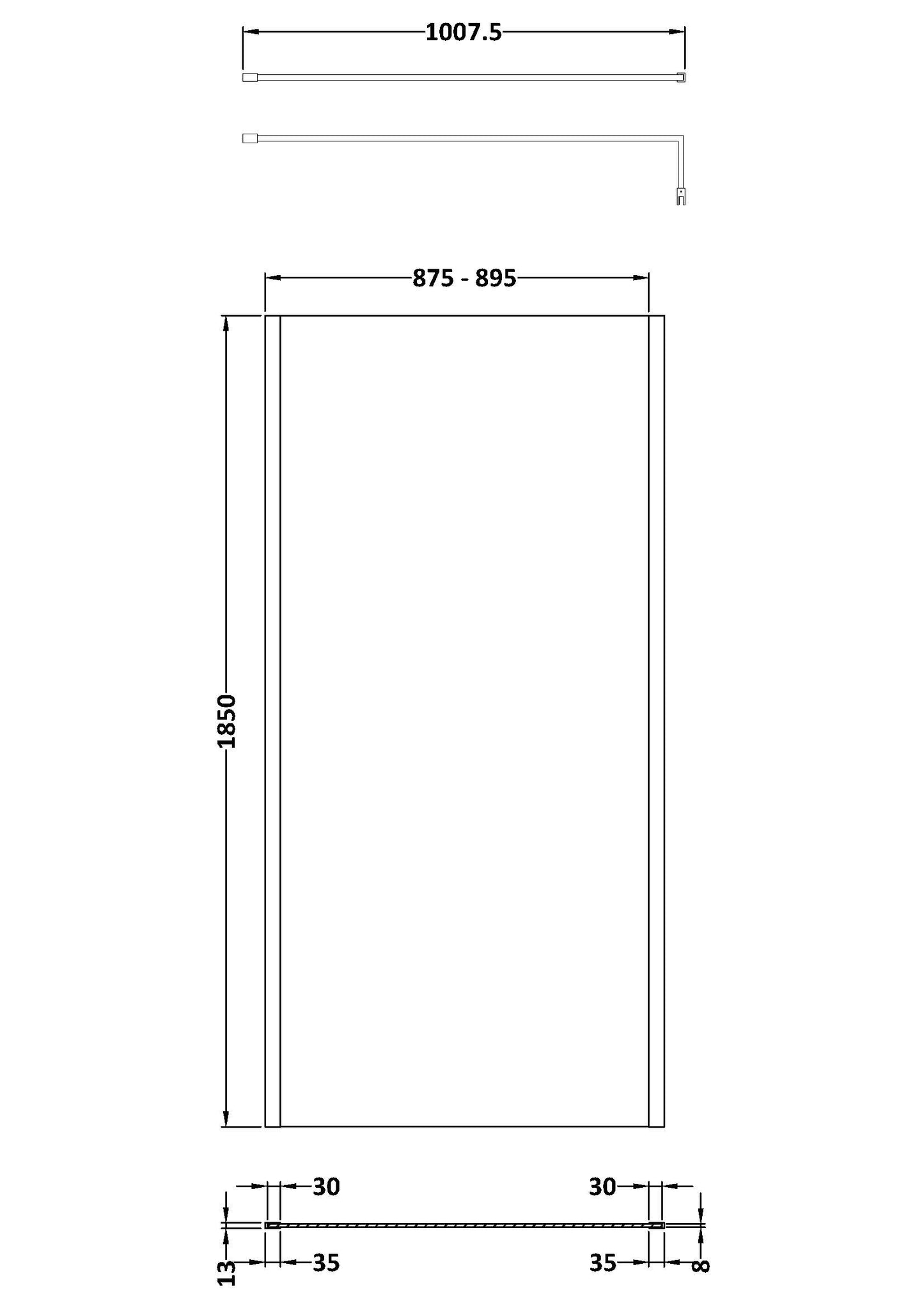 NUIE 900mm Outer Framed Wetroom Screen with Support Bar