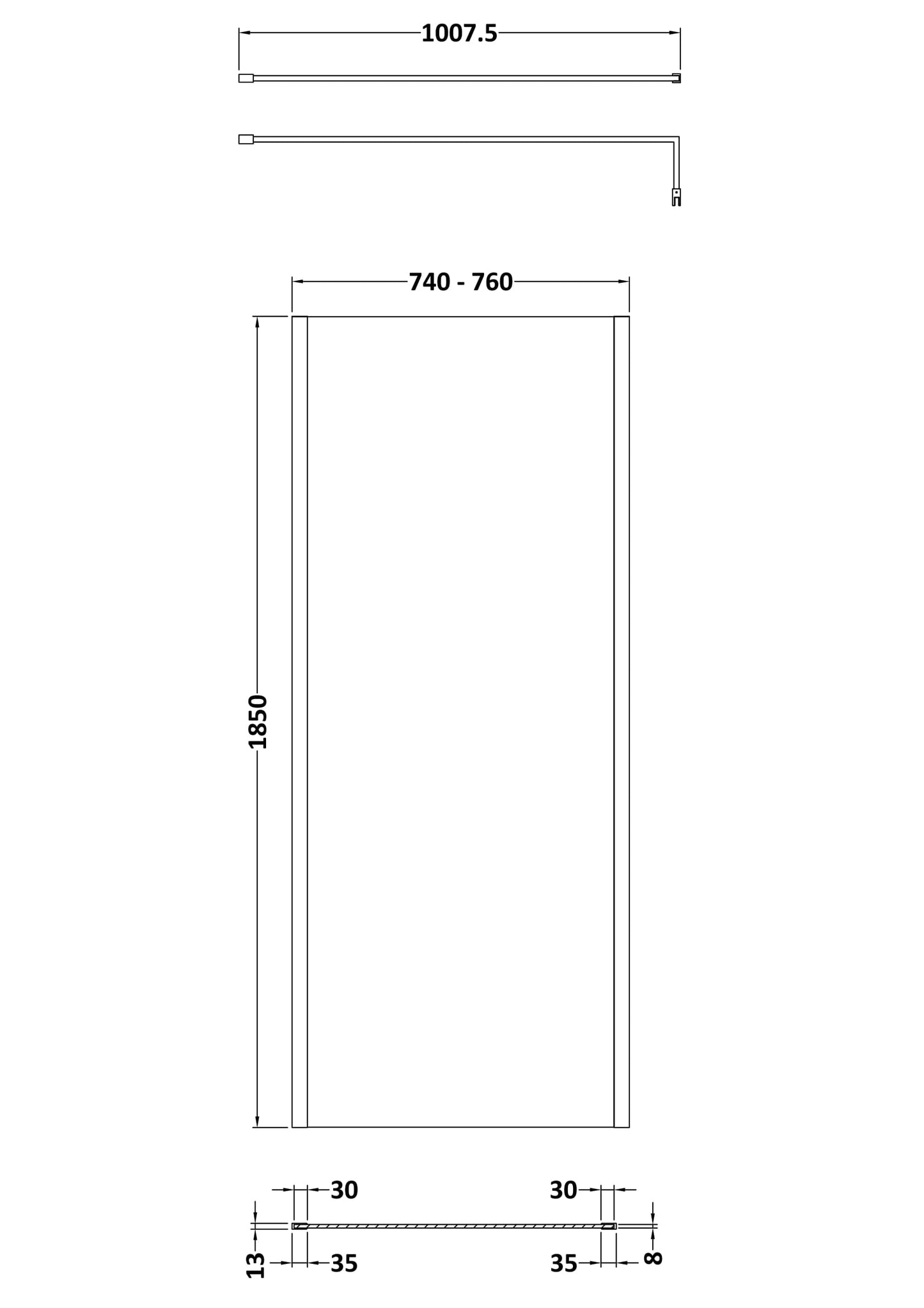 NUIE 760mm Wetroom Screen Outer Frame 1850x8mm - Brushed Pewter