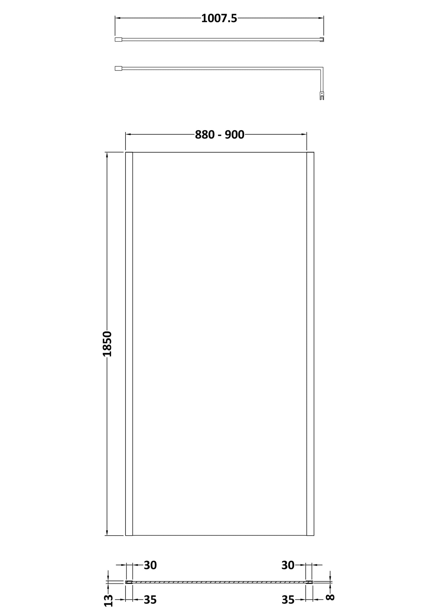 NUIE 900 Wetroom Screen Outer Frame 1850x8mm - Brushed Pewter