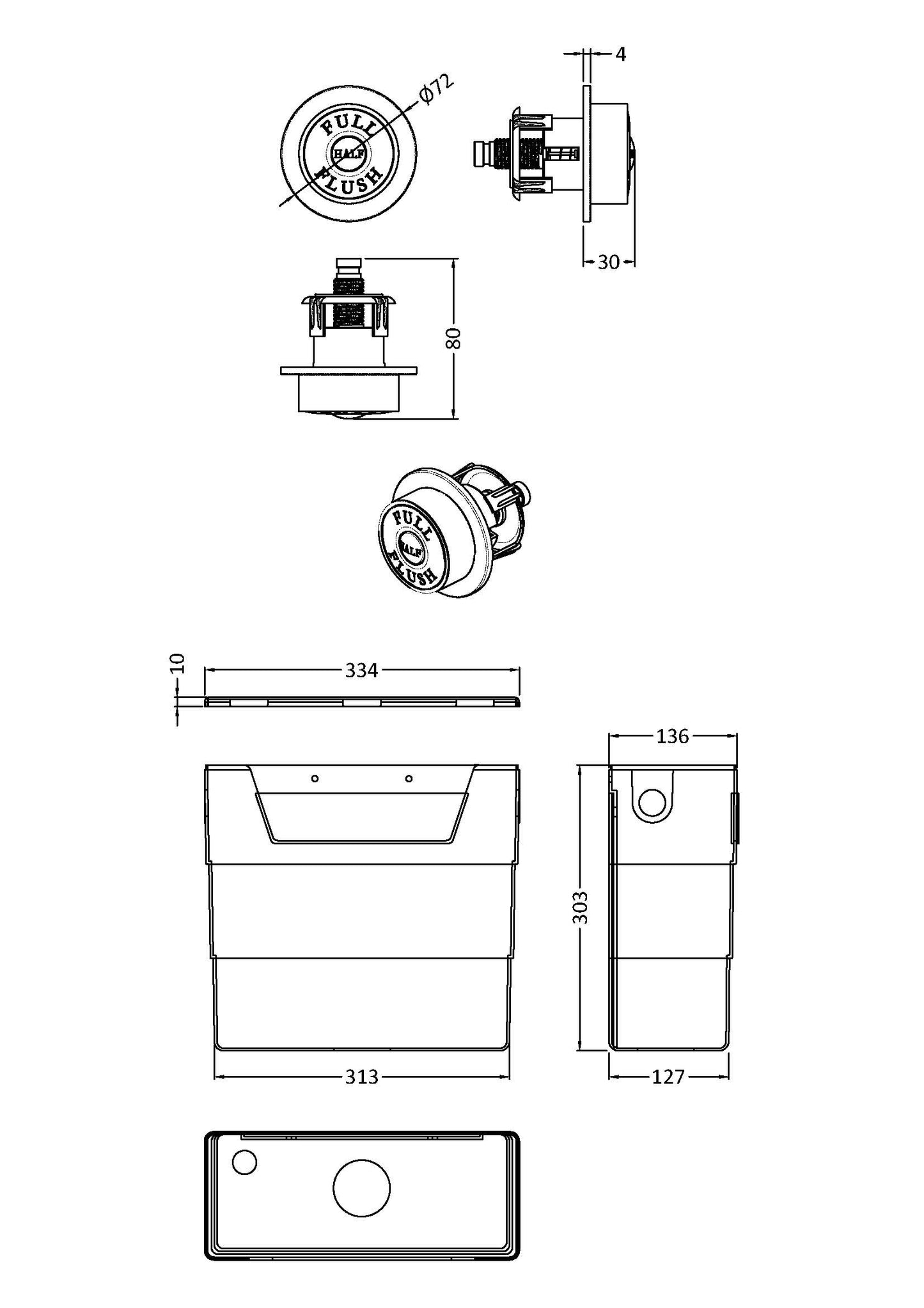 Hudson Reed Universal Access Cistern & Brushed Brass Traditional Flush Plate