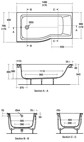 Ideal Standard E154701 Concept Air 150cm x 80cm Idealform Left Hand Shower Bath with No Tap Holes,