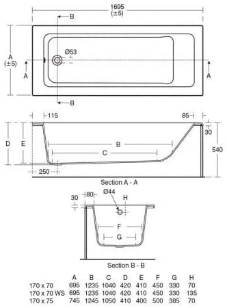 Ideal Standard Tempo Cube 1700mm x 700mm Bath No Tap Holes - E258001