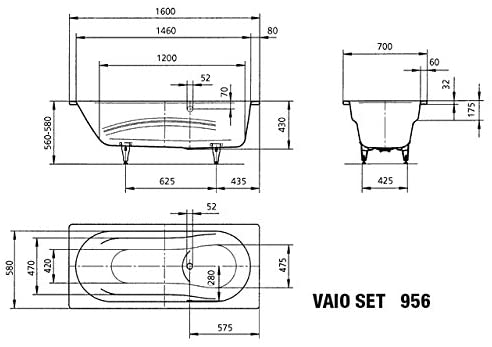Kaldewei 233623000001 VAIO Set 956 Bathtub 1600 x 700 x 430 cm Alpine White