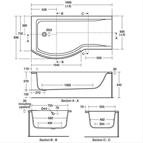 Ideal Standard E860801 Concept 170cm x 90cm Shower Bath Left Hand