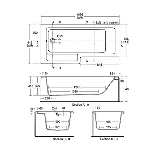Ideal Standard E259501 Tempo Cube 170cm x 85cm Left Hand Shower Bath