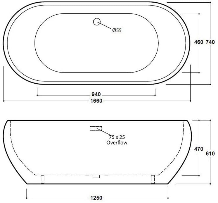 Synergy Pebble 1660mm Modern Double Ended Bath