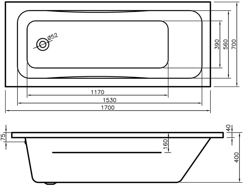 Arley Modern 1700mm No Tap Holes Bath 237BM17