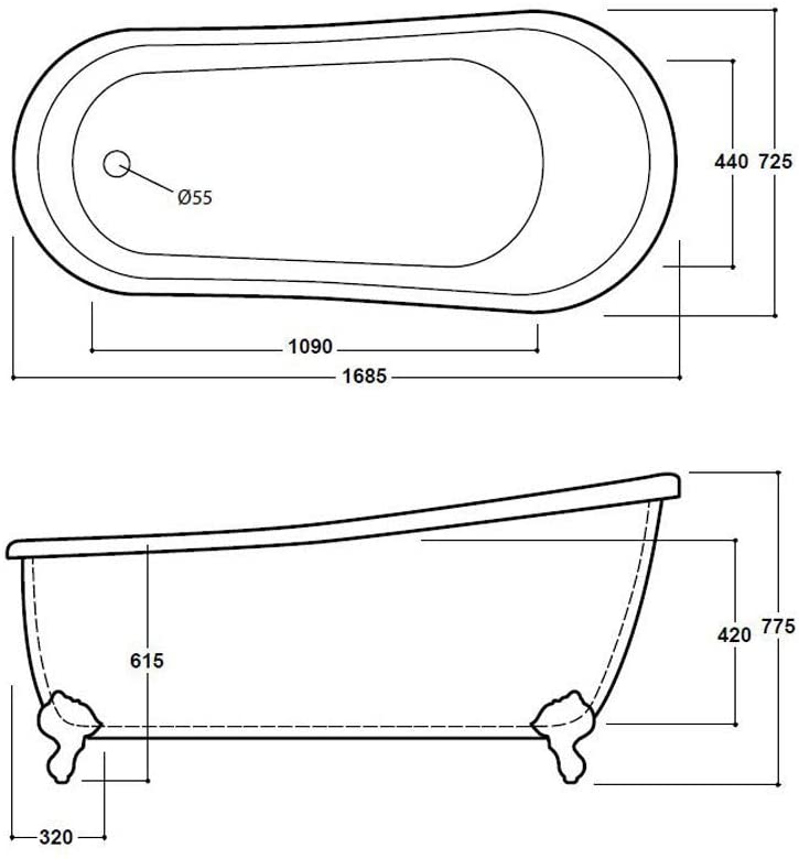 Synergy Brentwood 1685mm Traditional Slipper Bath