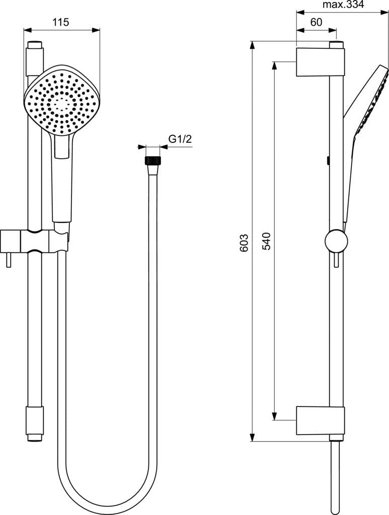 Ideal Standard B2234AA Idealrain EVO Diamond Shower Rod with 3 Function Hand Shower - 600mm Wall Pole - Chrome