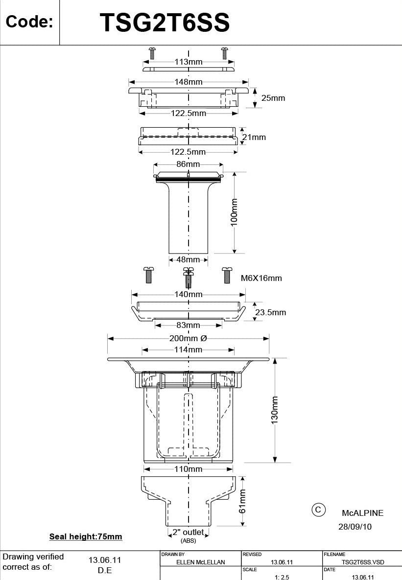 Mcalpine Trapped Shower Gully 150mm For Tile And Stone Floor TSG2T6SS