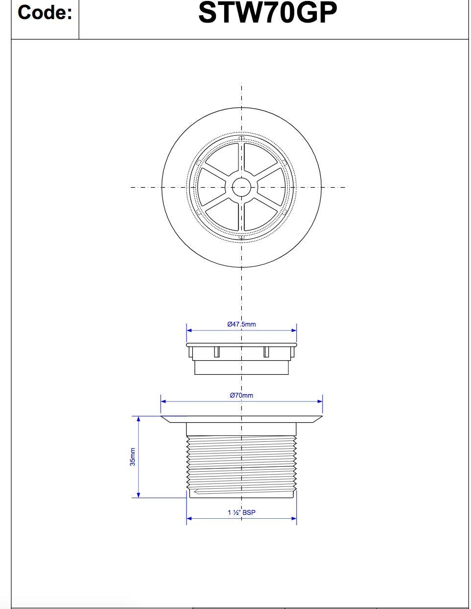 McAlpine 1̴_" Standard Shower Waste - 70mm GP Plastic STW70GP