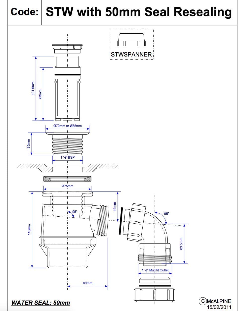 McAlpine 1̴_" 50mm Seal Resealing Shower Trap - 85mm CP Stainless Steel Mushroom STW8-M