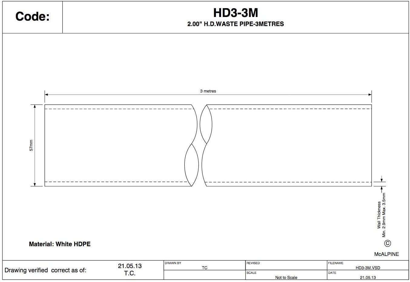 McAlpine 2" 3m Length HDPE Surefit White Waste Pipe HD3-3M