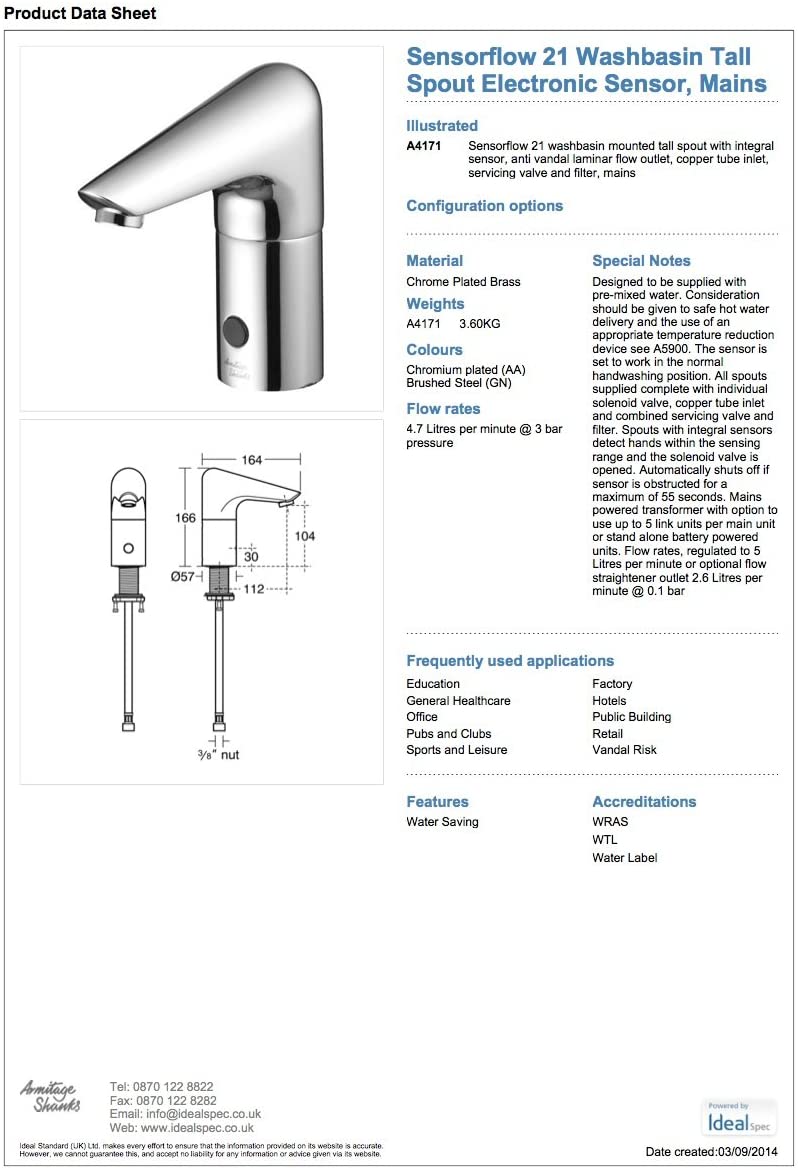 Armitage Shanks Sensorflow 21 tall basin tap A4171AA. Mains operated