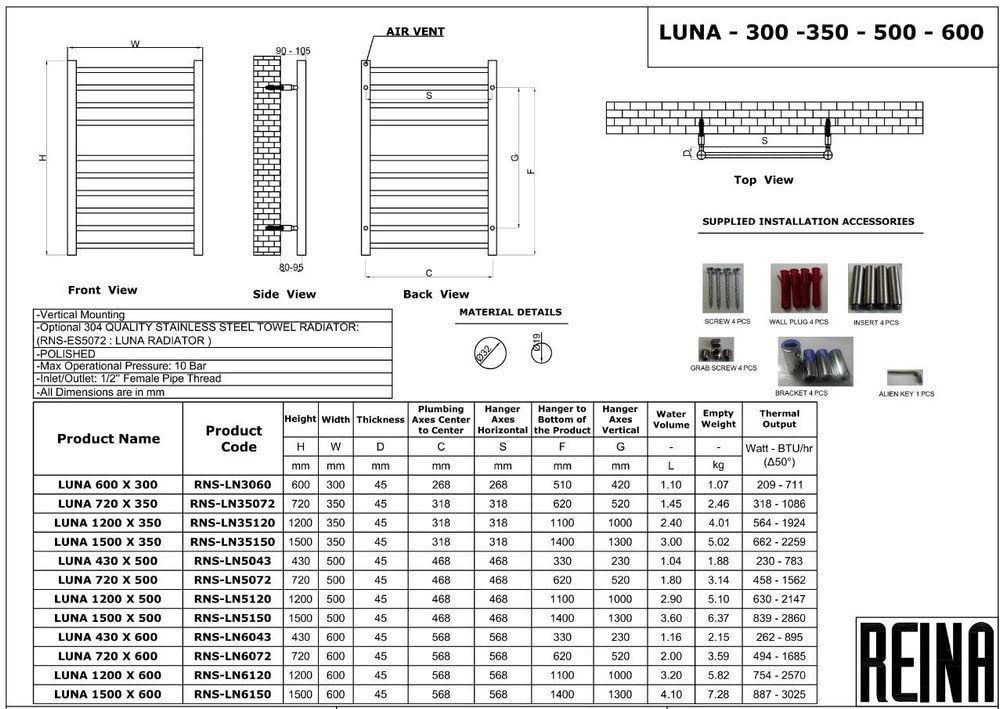 Reina Luna Polished Stainless Steel Designer Radiator | 720 x 500 | RNS-LN5072
