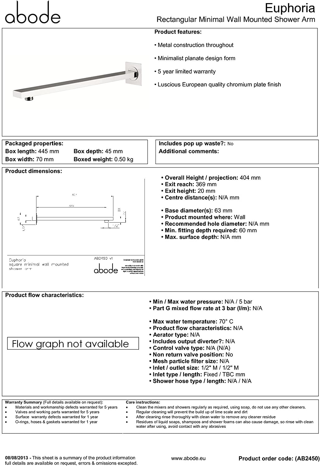 Abode Minimal Wall Mounted Rectangular Shower Arm - AB2450