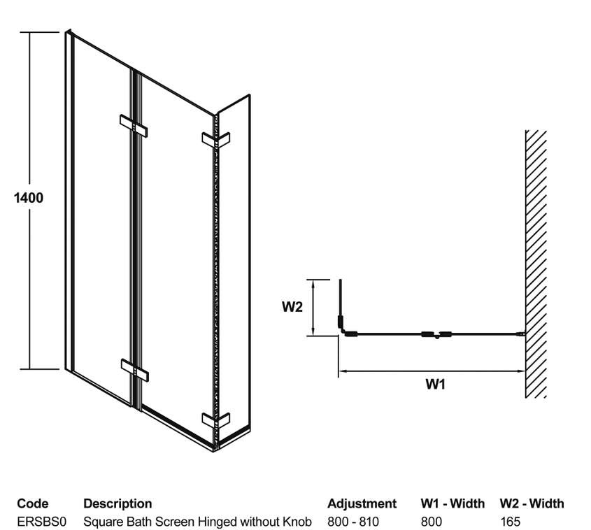 NUIE Satin Chrome Square Hinged P-Shaped Bath Screen (Product Code: ERSBS0)