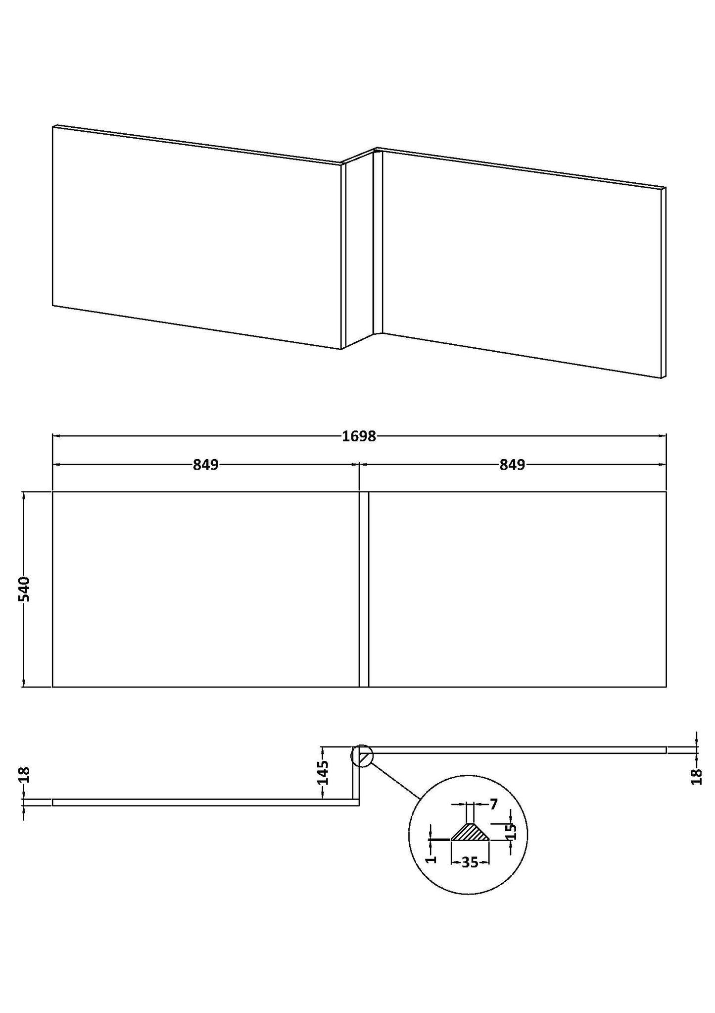 NUIE 1700mm Square Shower Bath Front Panel