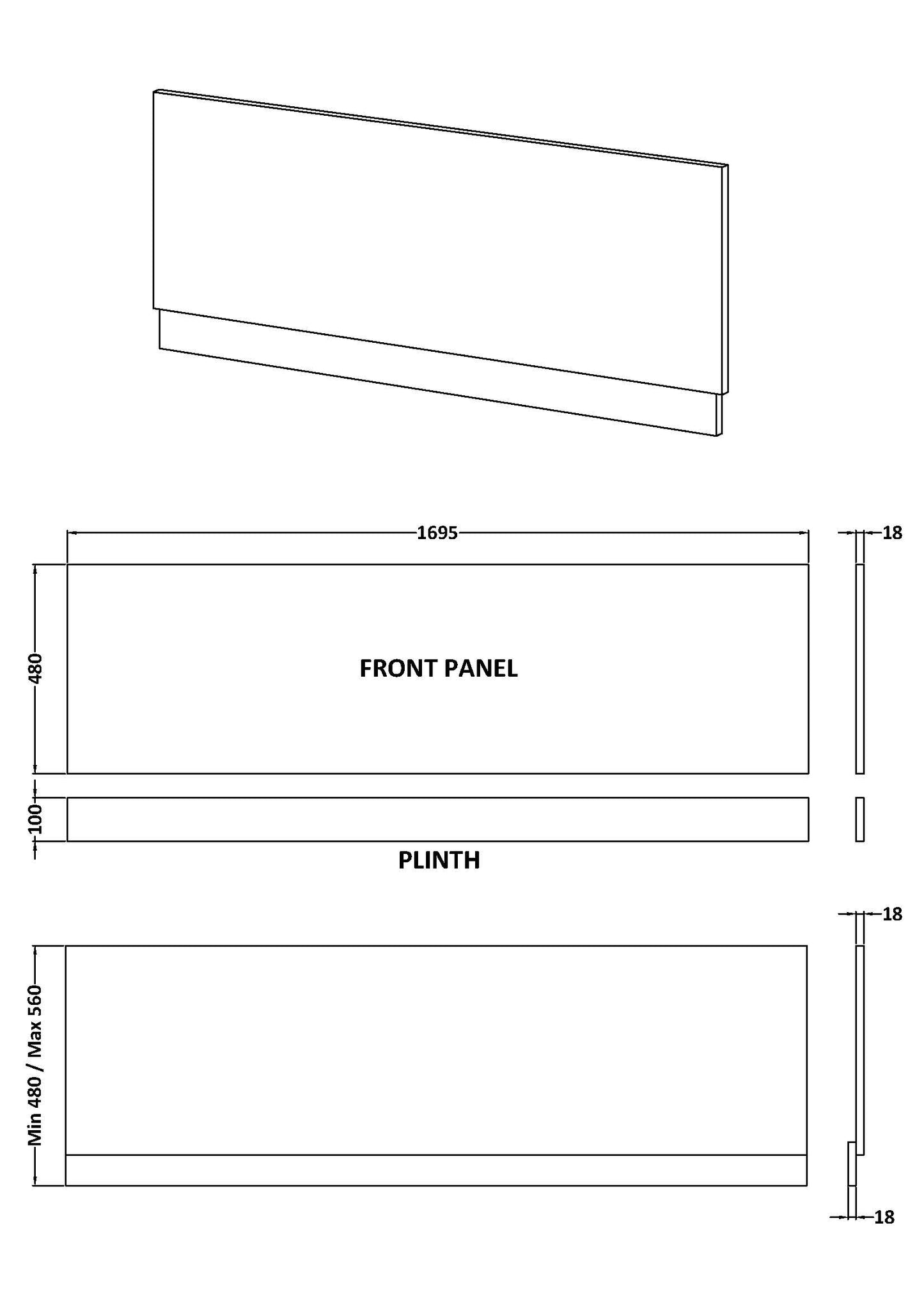 NUIE Waterproof Shower Bath Front Panel (1700mm)