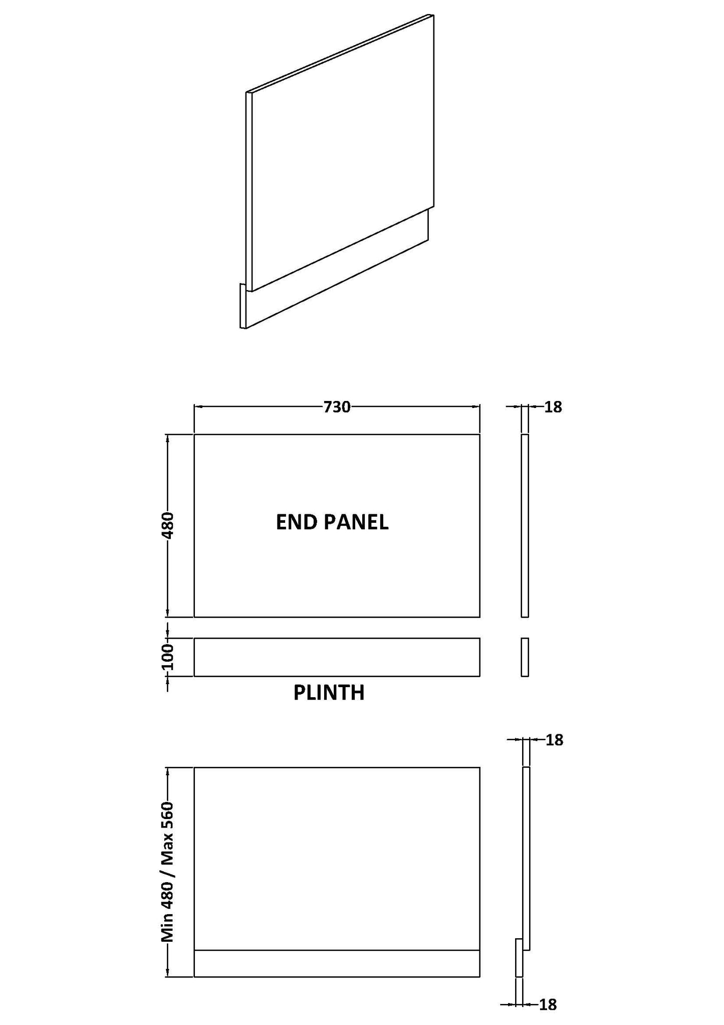 NUIE 750mm Bath End Panel