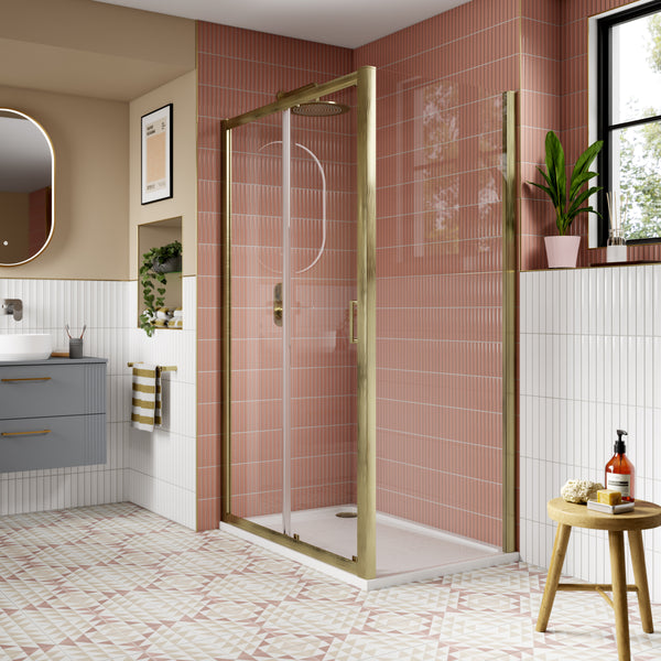 NUIE 1400mm Sliding Shower Door - Brushed Brass