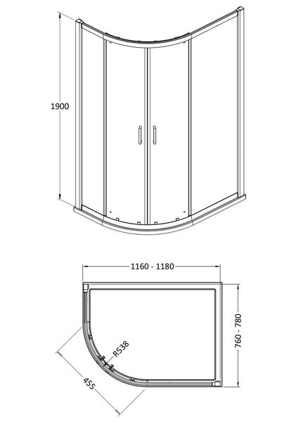 NUIE 1200mm x 800mm Offset Quadrant - Matt Black