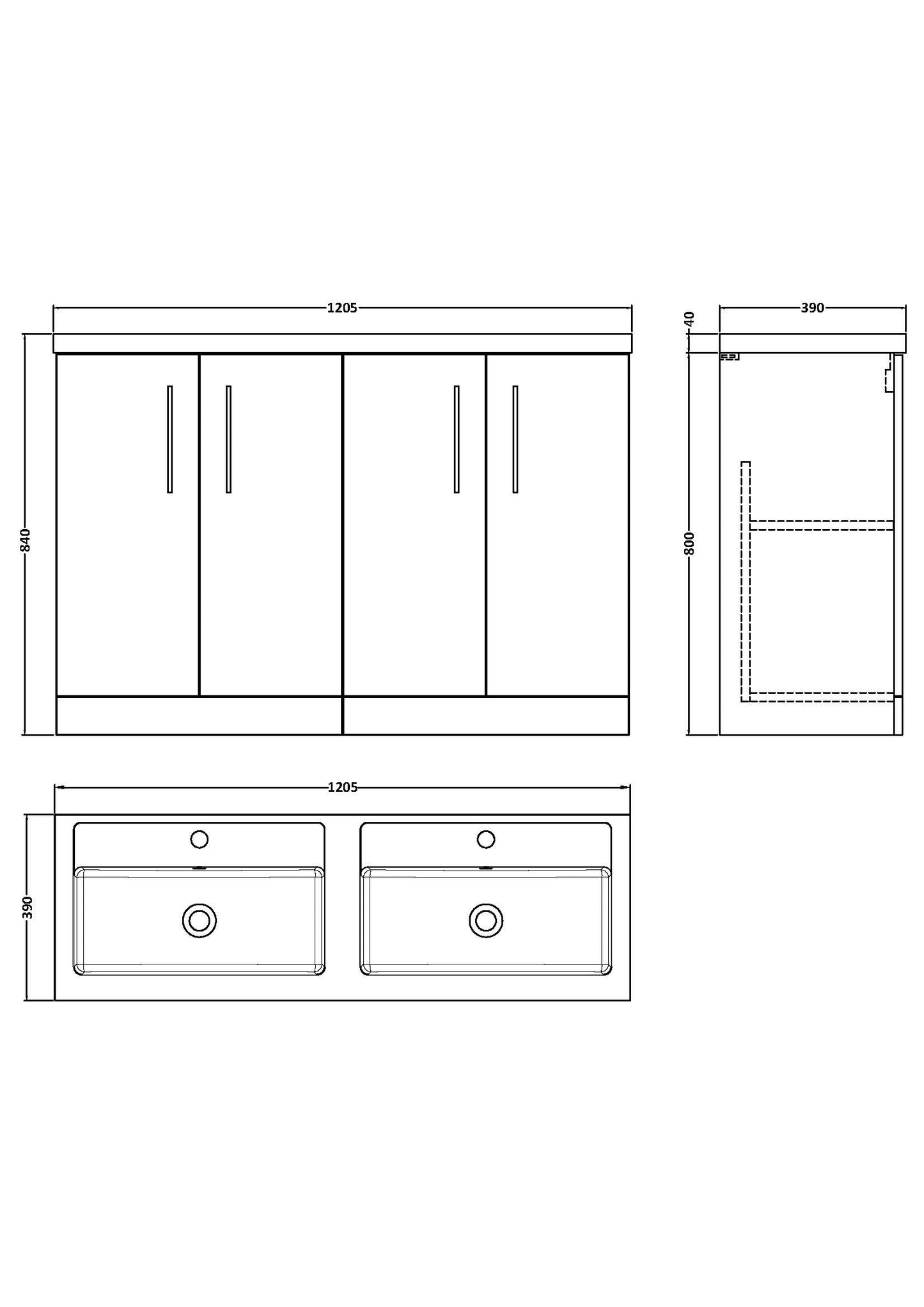 NUIE 1200mm Floor Standing 4 Door Vanity & Double Basin 1