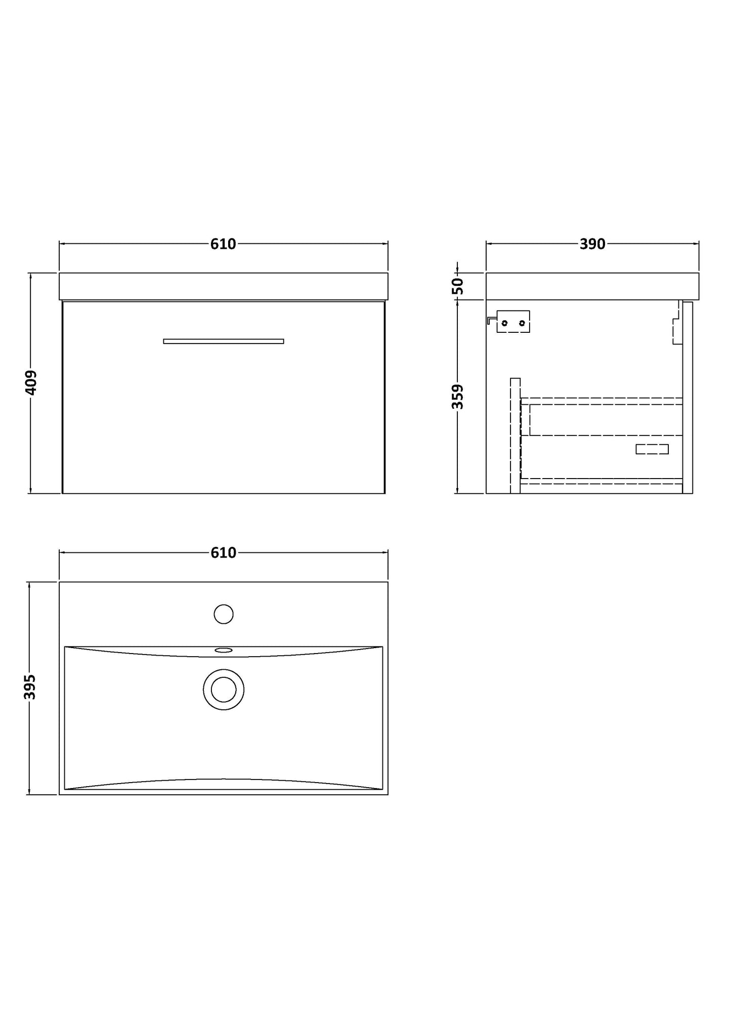 NUIE 600mm Wall Hung 1 Drawer Vanity & Basin 3