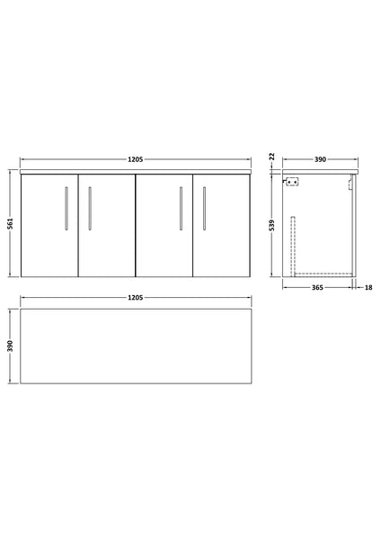 NUIE 1200mm Wall Hung 4-Door Vanity & Laminate Worktop