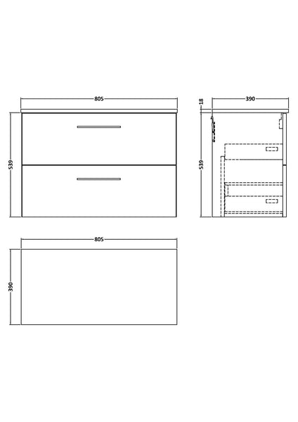 NUIE 800mm Wall Hung 2 Drawer Vanity & Worktop