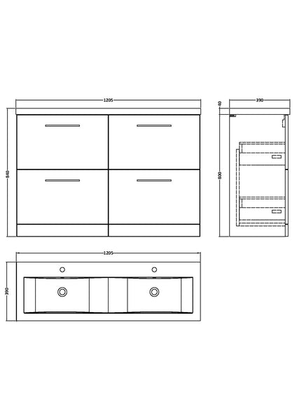 NUIE 1200mm Floor Standing 4 Drawer Vanity & Double Basin 2