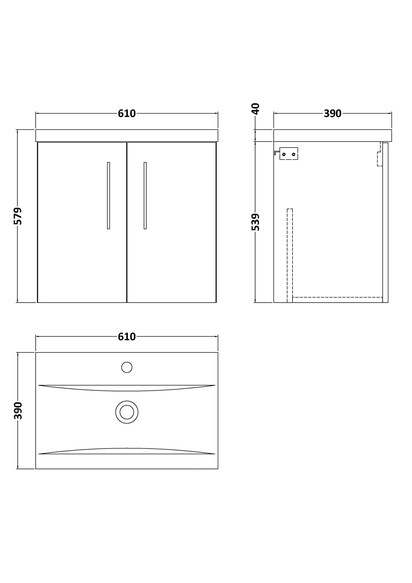 NUIE 600mm Wall Hung 2 Door Vanity & Basin 1