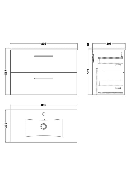 NUIE 800mm Wall Hung 2 Drawer Vanity & Basin 2