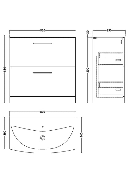 NUIE 800mm Floor Standing 2 Drawer Vanity & Basin 4