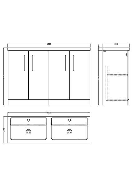 NUIE 1200mm Floor Standing 4 Door Vanity & Double Basin