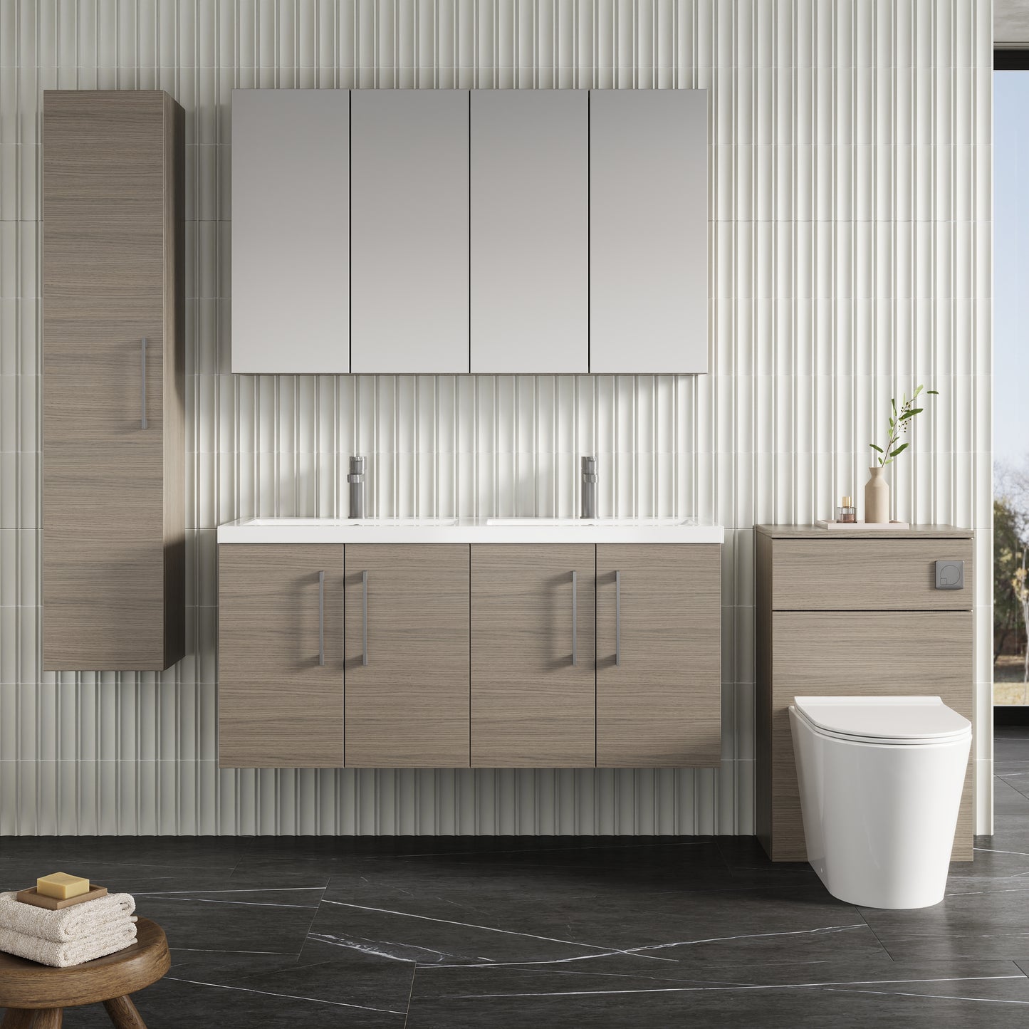 NUIE 1200mm Wall Hung 4 Door Vanity & Double Basin