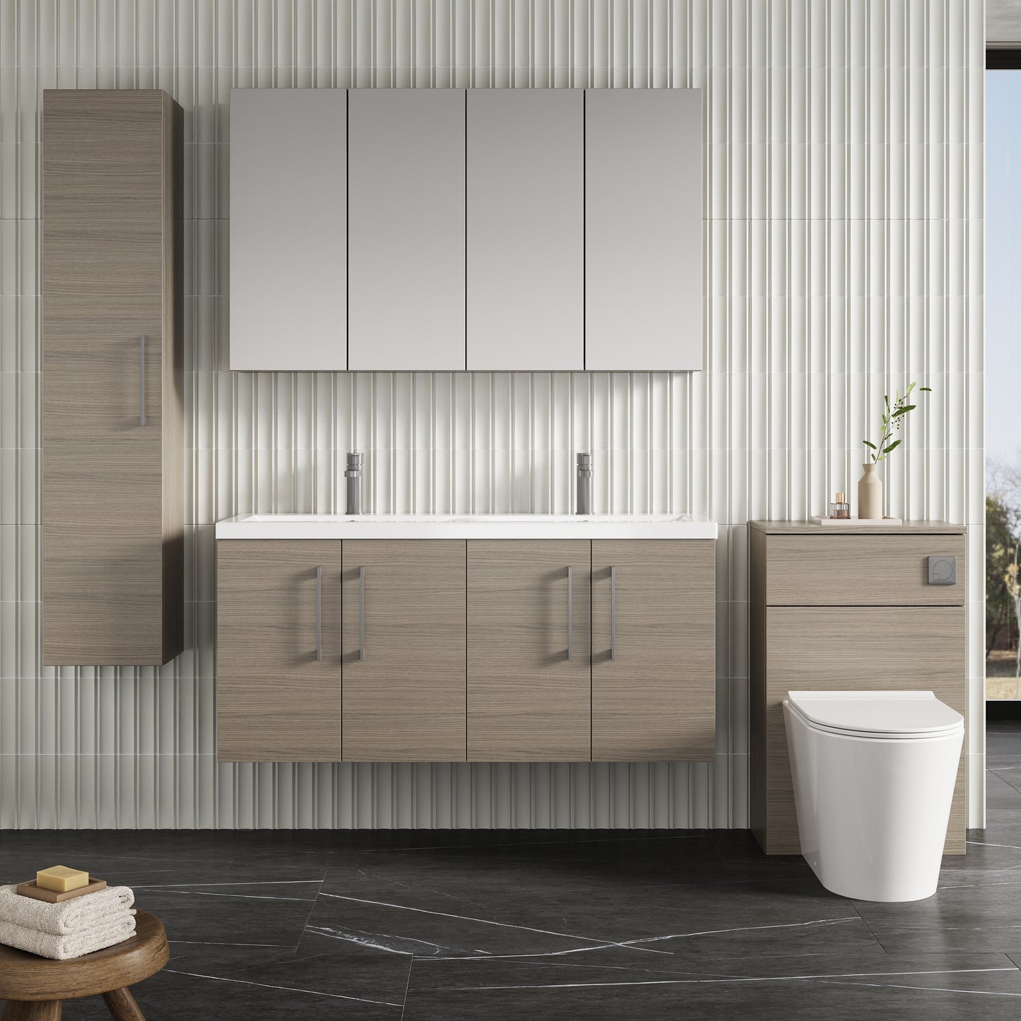 NUIE 1200mm Wall Hung 4 Door Vanity & Double Basin
