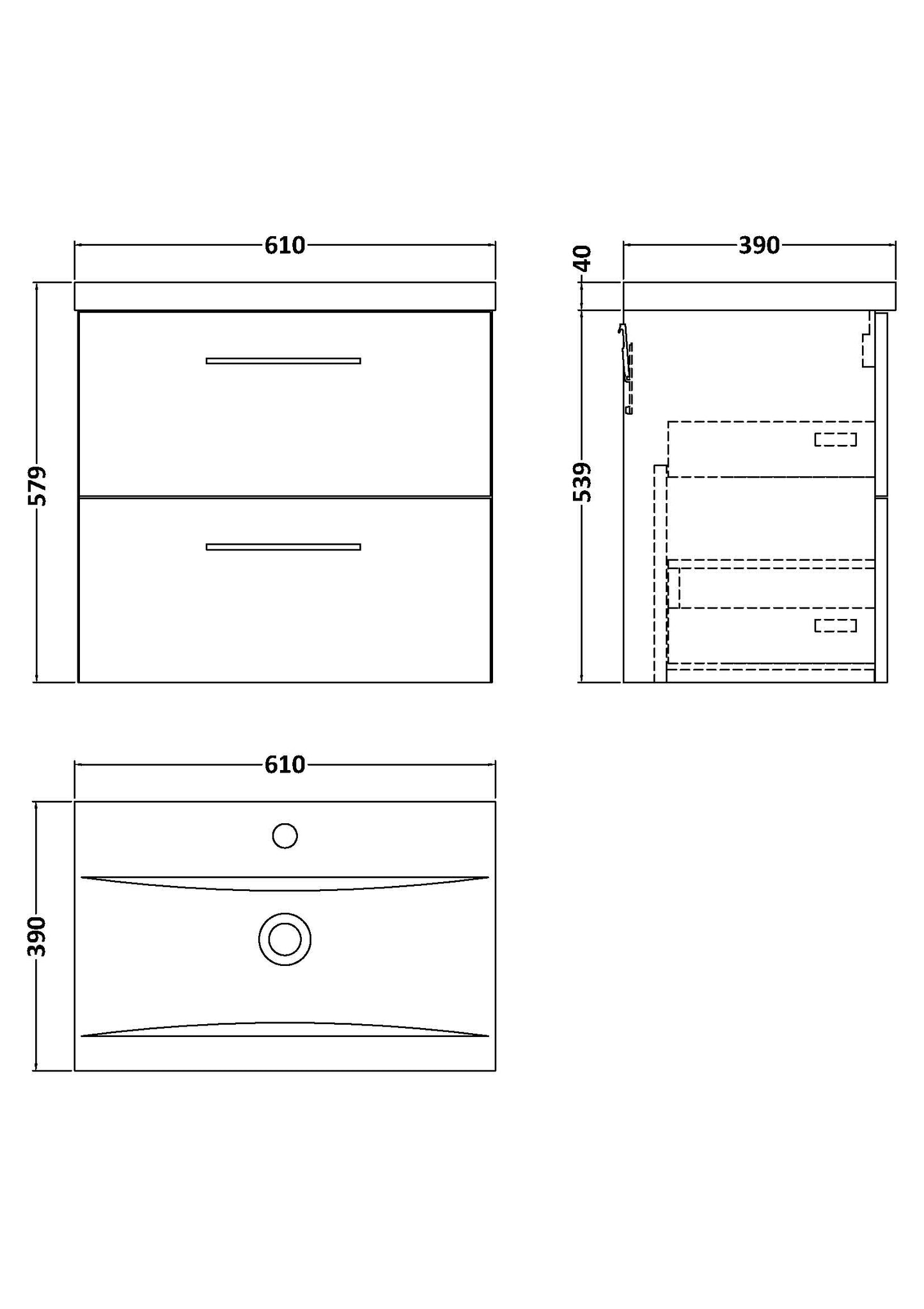 NUIE 600mm Wall Hung 2 Drawer Vanity & Basin 1