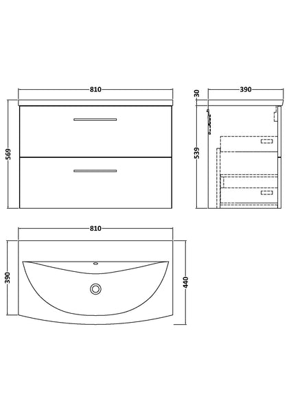 NUIE 800mm Wall Hung 2 Drawer Vanity & Basin 4