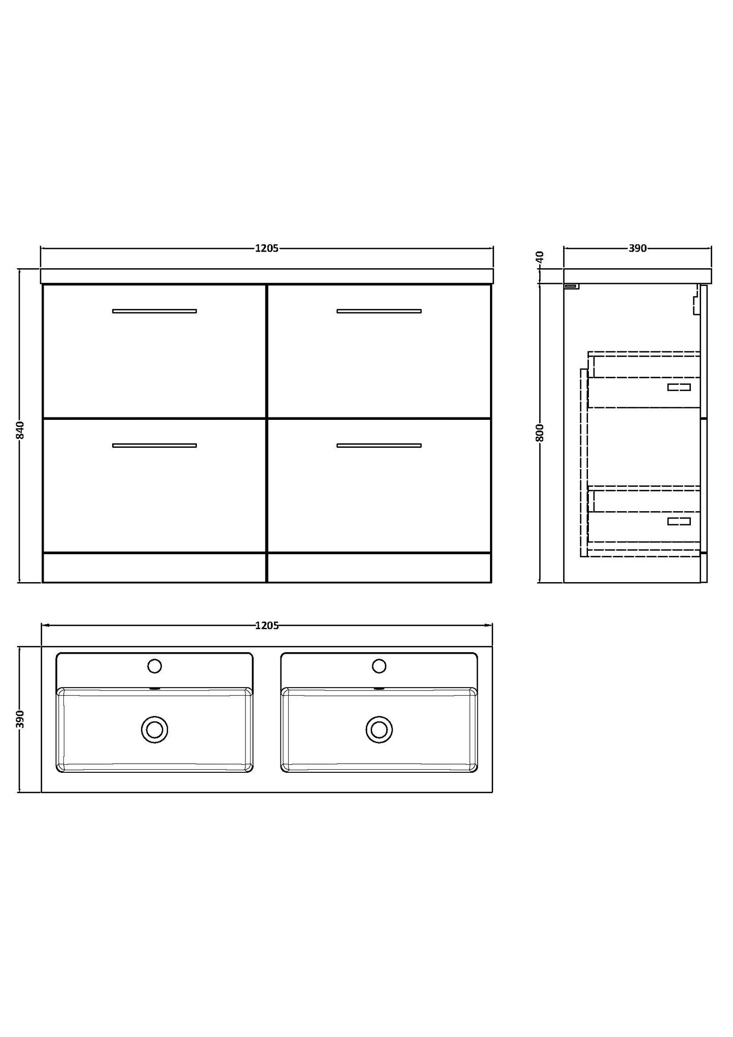 NUIE 1200mm Floor Standing 4 Drawer Vanity & Double Basin