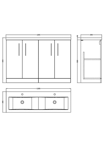 NUIE 1200mm Floor Standing 4-Door Vanity & Double Basin