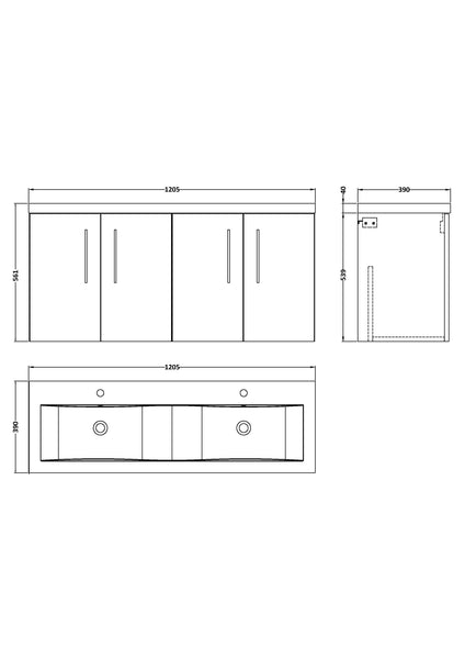 NUIE 1200mm Wall Hung 4-Door Vanity & Double Basin