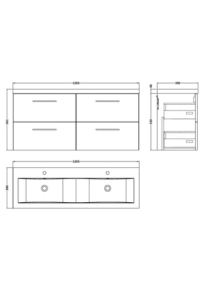 NUIE 1200mm Wall Hung 4-Drawer Vanity & Double Basin
