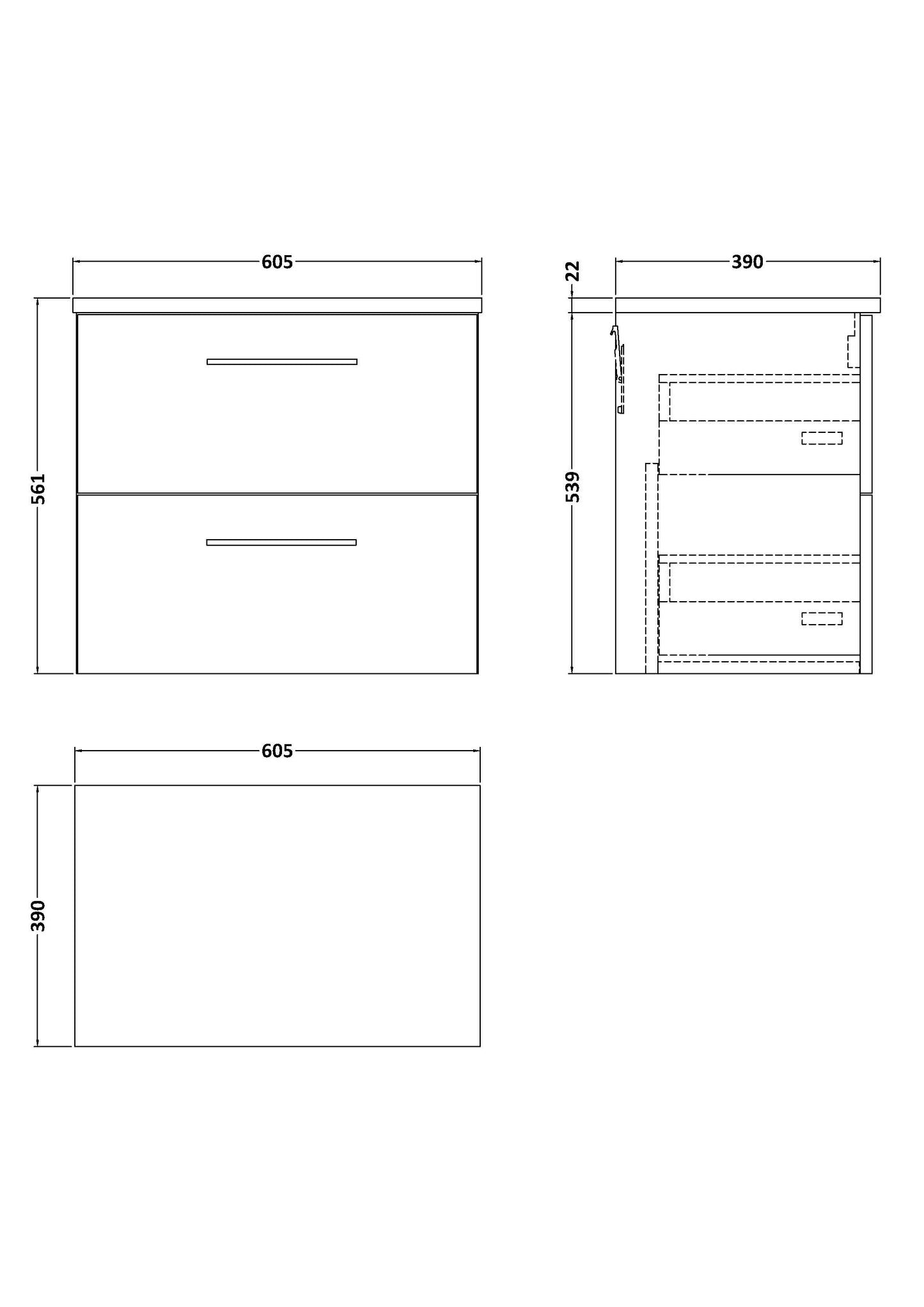 NUIE 600mm Wall Hung 2-Drawer Vanity & Laminate Worktop