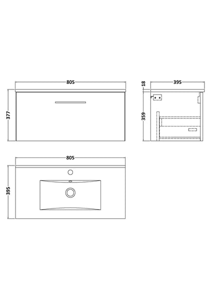 NUIE 800mm Wall Hung 1-Drawer Vanity & Basin 2