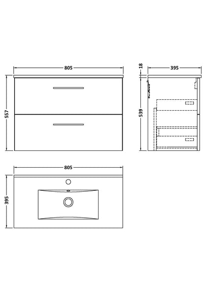 NUIE 800mm Wall Hung 2-Drawer Vanity & Basin 2